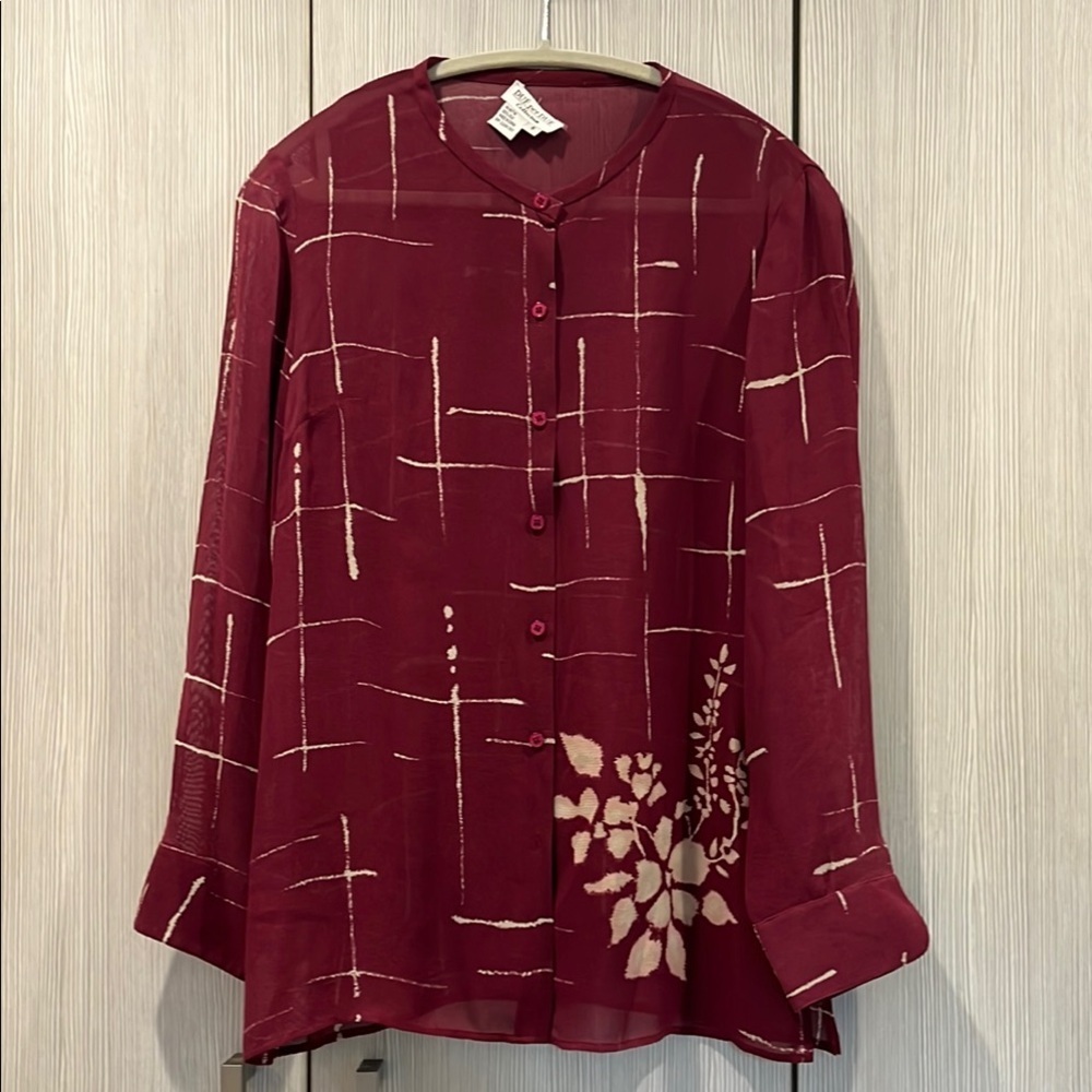 VINTAGE Dué per Dué | Silk‎ Button Down Tunic Blouse | Bergundy | Size 6